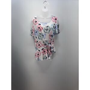 Como Blu White Floral Short Sleeve Blouse High Low Front Tied Women’s Size XXL